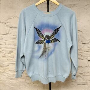 Fairy Printed Sweatshirt 1980s Raglan Crewneck Made in USA Vintage 80s Blue